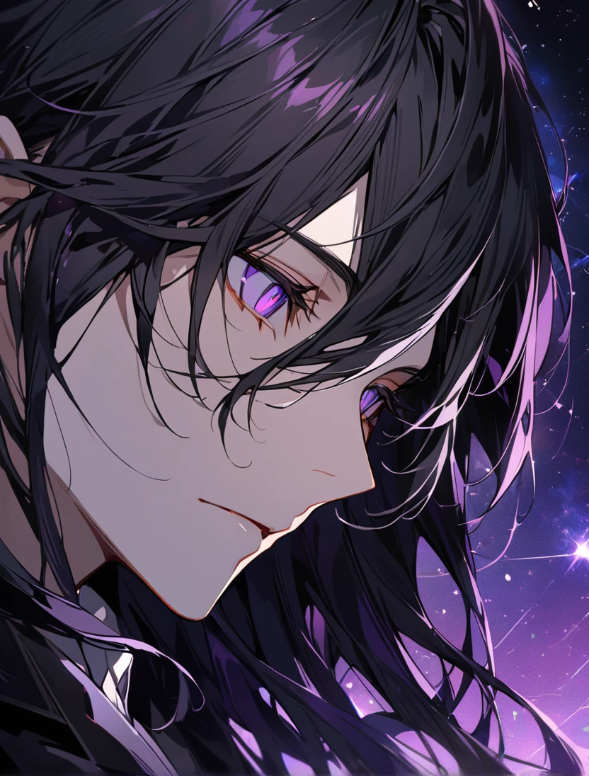 (black_hair), (long_male_hair), (deep_purple_eyes), (high_detailed_eyes), (attractive), (emotionless), (Deep_space_background), (male), (wears_black_suit), (long_male_hair), (detailed_Hair), (detailed), (detailed_mouth), (close_up), (vertical_slit_pupils)