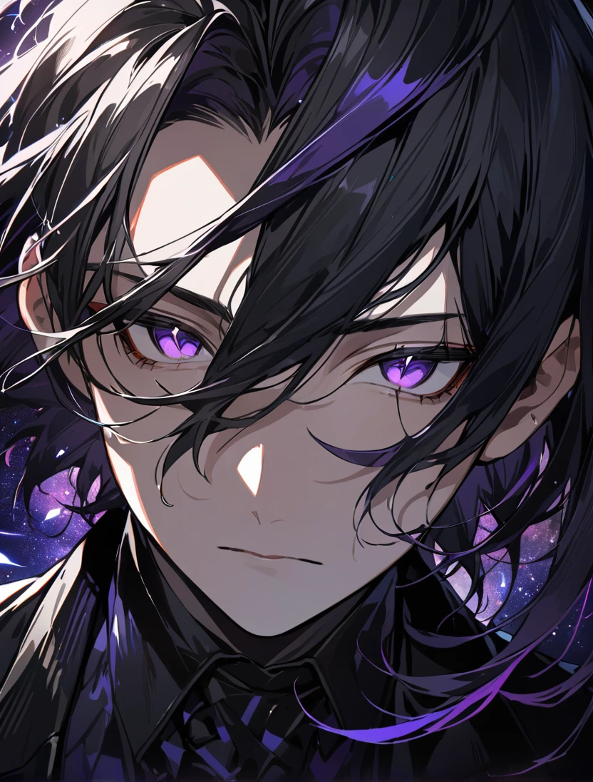 (black_hair), (long_male_hair), (deep_purple_eyes), (high_detailed_eyes), (attractive), (emotionless), (Deep_space_background), (male), (wears_black_suit), (long_male_hair), (detailed_Hair), (detailed), (detailed_mouth), (close_up), (vertical_slit_pupils)