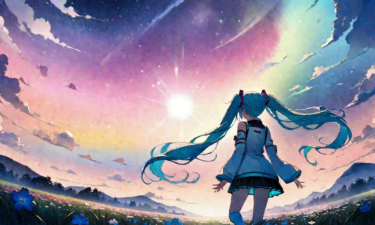 (masterpiece、Highest quality、Highest quality、Official Art、beautiful, beautiful:1.2)、(1 girl:1.3)hatsune miku、Twin tails,big,(High resolution、Very detailed、Hmph、movie、Cherry Blossom Gardenに立つ女の子、Cherry Blossom Garden、Cherry blossom petal splash art、Ultra Detailed Fields、beautiful white starry sky、Aurora、Light blue、Blanche、Sky nebula、watercolor、Pastel colored sun、rainbow、Natural scenery,Back view,