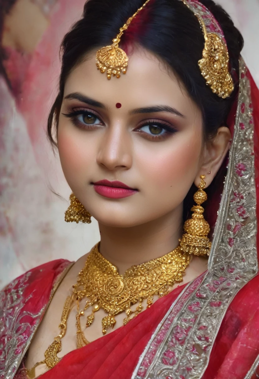 perfect pink eyes, fantastic face, Indian, beautiful look, ((red lips, bright eyes, curve heir 1.5)), ((beautiful details very big breast )), (Straight round and ultra huge clevage, not sagging breast), A glorious gorgeous, glorious gorgeous face, pretty face, bright eyes, detailed elegant printed red saree, updo elegant hair, blurred gray tones background, ultra focus, face ilumined, face detailed, 8k resolution, painted, dry brush, brush strokes, razumov style and garmash style, by Tokaito, ((Full Open ))