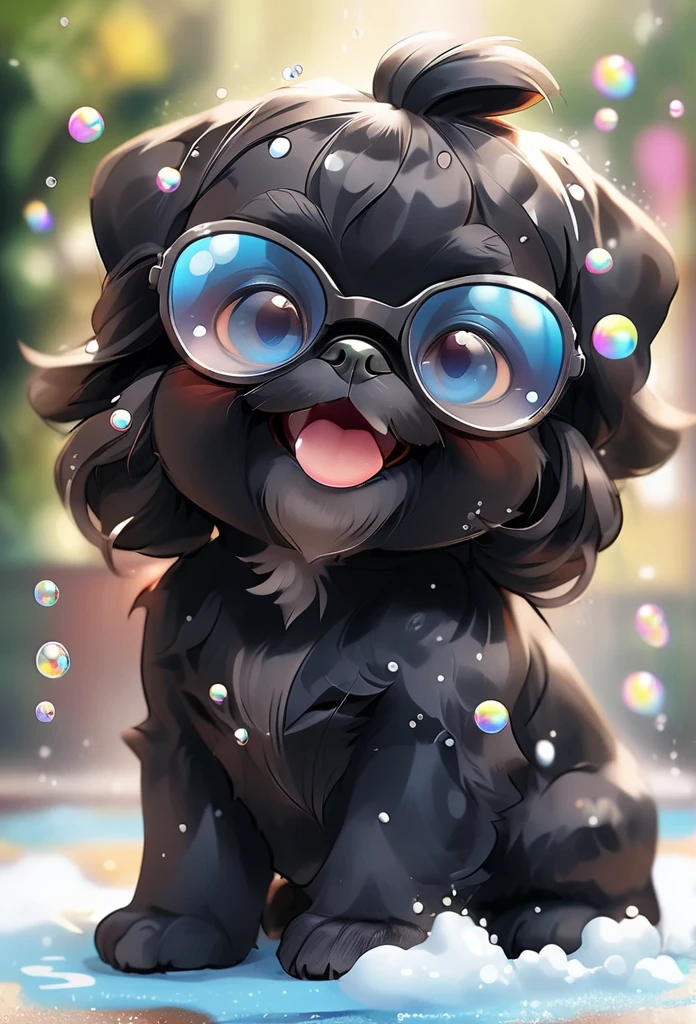 2 black Shih Tzu puppies with blue eyes, wearig goggles, covered in shampoo bubbles, happy, playful, excited, vibrant bubbles in back ground