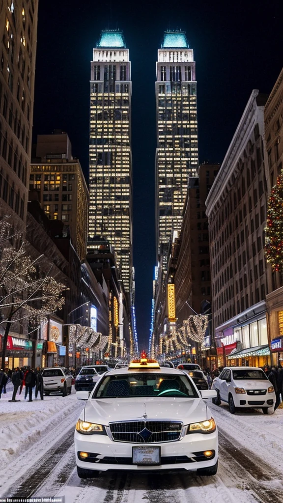 New York City in winter is a breathtaking blend of sparkling lights, bustling crowds, and a festive atmosphere. Picture a scene straight out of "Home Alone 2: Lost in New York." Snow gently falls from the sky, blanketing the city in a soft, white layer that glistens under the streetlights. The air is crisp and chilly, with a hint of holiday spirit filling every corner.

Amidst the iconic sights and sounds of the city, an ice-white limousine is parked majestically outside of the towering Toys "R" Us store. The sleek, polished vehicle stands out against the backdrop of snow-covered sidewalks and busy shoppers hurrying in and out of the famous toy haven. The store's windows are adorned with festive decorations, each more elaborate than the last, creating a sense of wonder and excitement.

In the distance, the grand structure of Madison Square Garden looms, its lights twinkling like stars. The streets below are alive with the clamor of taxis and the chatter of bundled-up pedestrians, their breath visible in the icy air. Everything about this scene— from the elegant limousine to the lively hustle of New Yorkers— encapsulates the magic and vibrancy of the city during the holiday season. Full body shot, Hollywood style, Christmas time