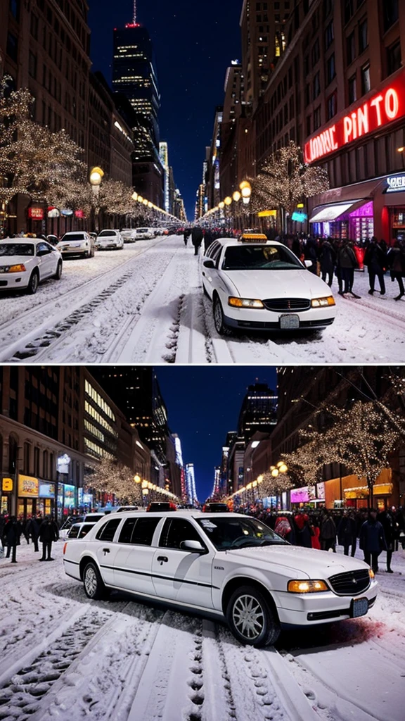 New York City in winter is a breathtaking blend of sparkling lights, bustling crowds, and a festive atmosphere. Picture a scene straight out of "Home Alone 2: Lost in New York." Snow gently falls from the sky, blanketing the city in a soft, white layer that glistens under the streetlights. The air is crisp and chilly, with a hint of holiday spirit filling every corner.
Amidst the iconic sights and sounds of the city, an ice-white limousine is parked majestically outside of the towering Toys "R" Us store. The sleek, polished vehicle stands out against the backdrop of snow-covered sidewalks and busy shoppers hurrying in and out of the famous toy haven. The store's windows are adorned with festive decorations, each more elaborate than the last, creating a sense of wonder and excitement.
In the distance, the grand structure of Madison Square Garden looms, its lights twinkling like stars. The streets below are alive with the clamor of taxis and the chatter of bundled-up pedestrians, their breath visible in the icy air. Everything about this scene— from the elegant limousine to the lively hustle of New Yorkers— encapsulates the magic and vibrancy of the city during the holiday season. Full body shot, Hollywood style, Christmas time