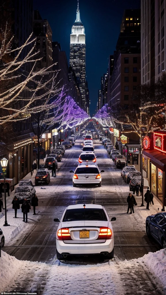 New York City in winter is a breathtaking blend of sparkling lights, bustling crowds, and a festive atmosphere. Picture a scene straight out of "Home Alone 2: Lost in New York." Snow gently falls from the sky, blanketing the city in a soft, white layer that glistens under the streetlights. The air is crisp and chilly, with a hint of holiday spirit filling every corner.

Amidst the iconic sights and sounds of the city, an ice-white limousine is parked majestically outside of the towering Toys "R" Us store. The sleek, polished vehicle stands out against the backdrop of snow-covered sidewalks and busy shoppers hurrying in and out of the famous toy haven. The store's windows are adorned with festive decorations, each more elaborate than the last, creating a sense of wonder and excitement.

In the distance, the grand structure of Madison Square Garden looms, its lights twinkling like stars. The streets below are alive with the clamor of taxis and the chatter of bundled-up pedestrians, their breath visible in the icy air. Everything about this scene— from the elegant limousine to the lively hustle of New Yorkers— encapsulates the magic and vibrancy of the city during the holiday season. Full body shot, Hollywood style, Christmas time