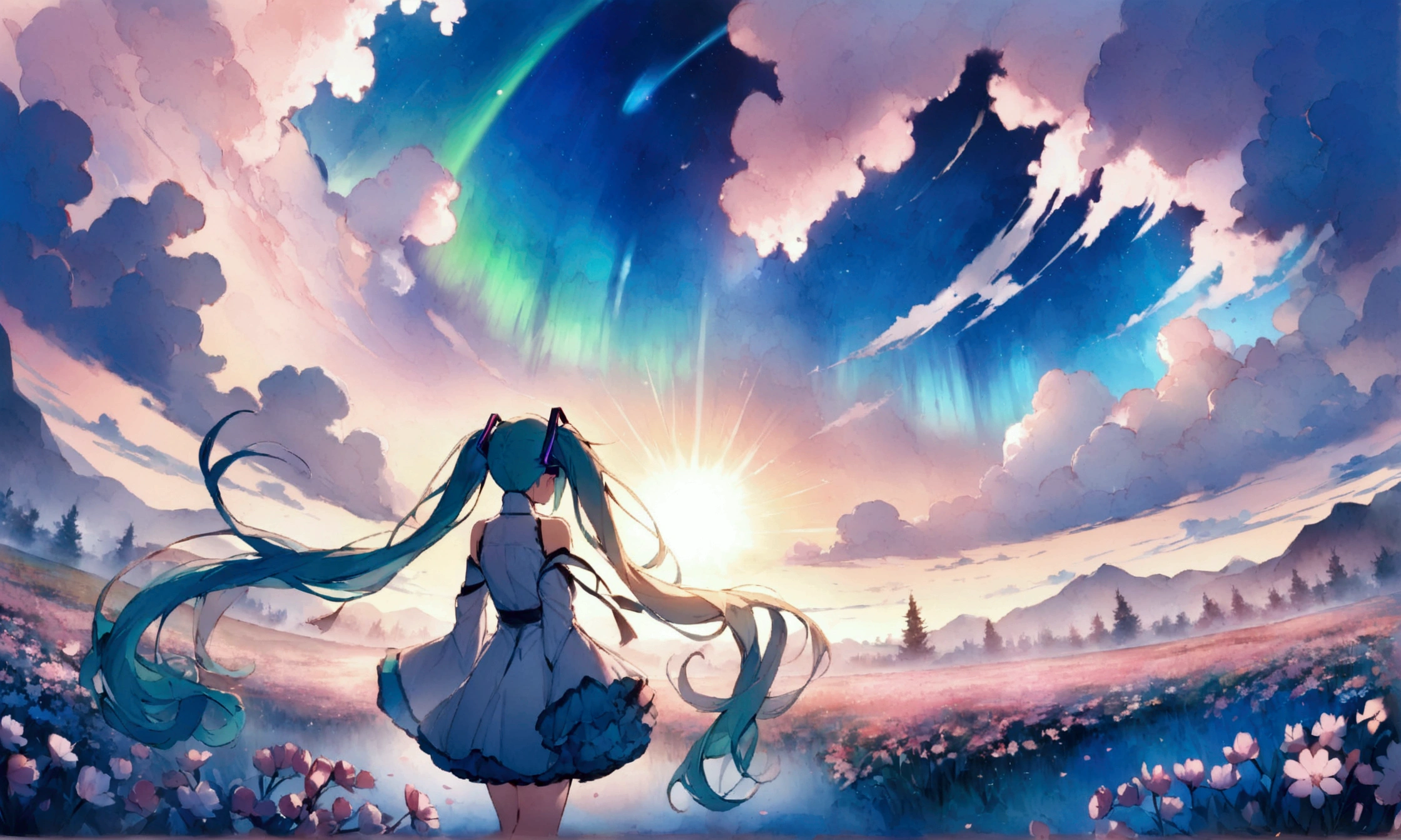 (masterpiece、Highest quality、Highest quality、Official Art、beautiful, beautiful:1.2)、(1 girl:1.3)hatsune miku、Twin tails,big,(High resolution、Very detailed、Hmph、movie、Cherry Blossom Gardenに立つ女の子、Cherry Blossom Garden、Cherry blossom petal splash art、Ultra Detailed Fields、beautiful white starry sky、Aurora、Light blue、Blanche、Sky nebula、watercolor、Pastel colored sun、rainbow、Natural scenery,Back view,