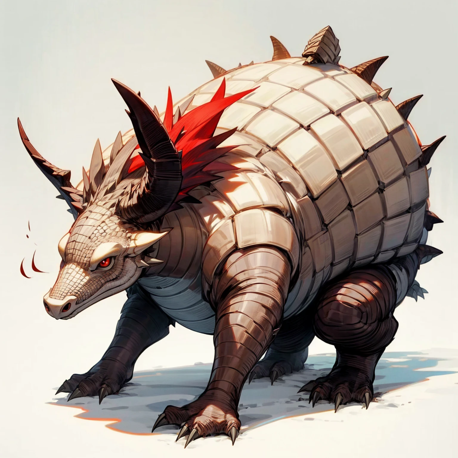 1animal, Full body version, dragon mixed with Armadillo, red eyes, has long horns, two legs, two hands, Grassroots, full background in snow,