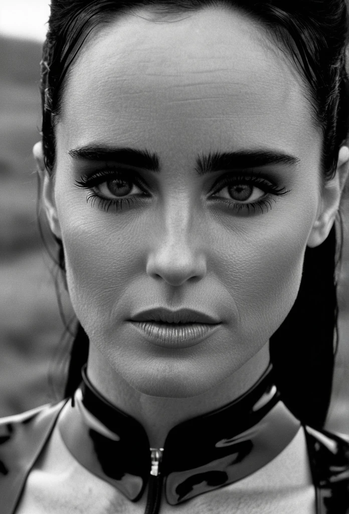 medium body view , b&w, instagram photo of young Jennifer Connelly, perfect detailed eyes, natural skin, hard shadows, film grain, wearing a black latex outfit