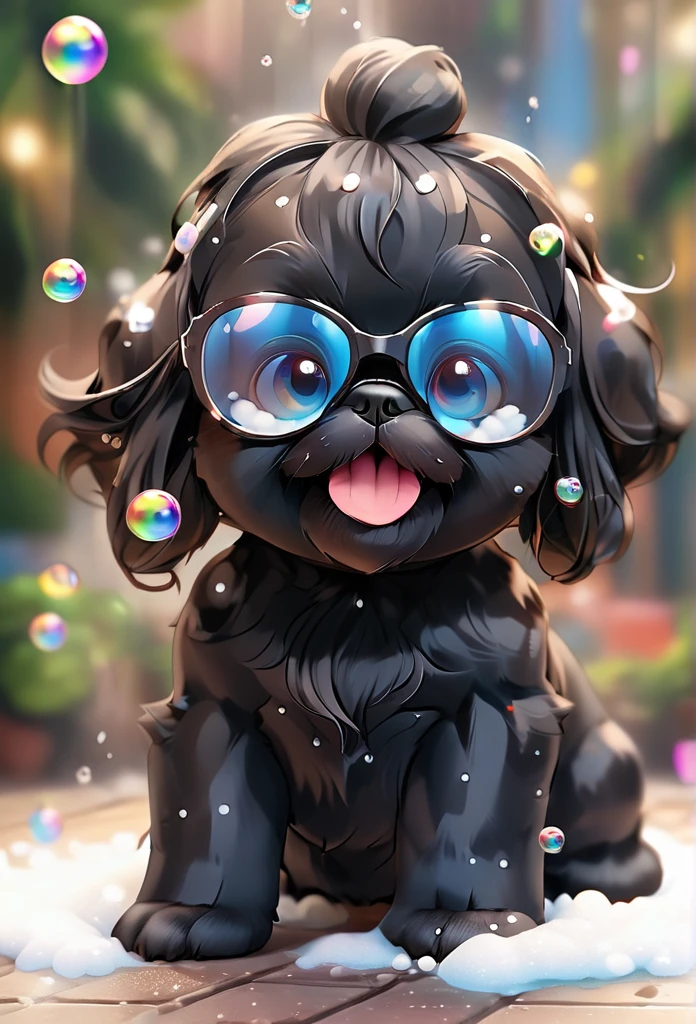 a 2 black Shih Tzu puppies,blue eyes,wearing goggles,covered in shampoo bubbles,happy,playful,excited,vibrant bubbles in background,best quality,4k,8k,highres,masterpiece:1.2,ultra-detailed,realistic,photorealistic,photo-realistic:1.37,HDR,UHD,studio lighting,ultra-fine painting,sharp focus,physically-based rendering,extreme detail description,professional,vivid colors,bokeh