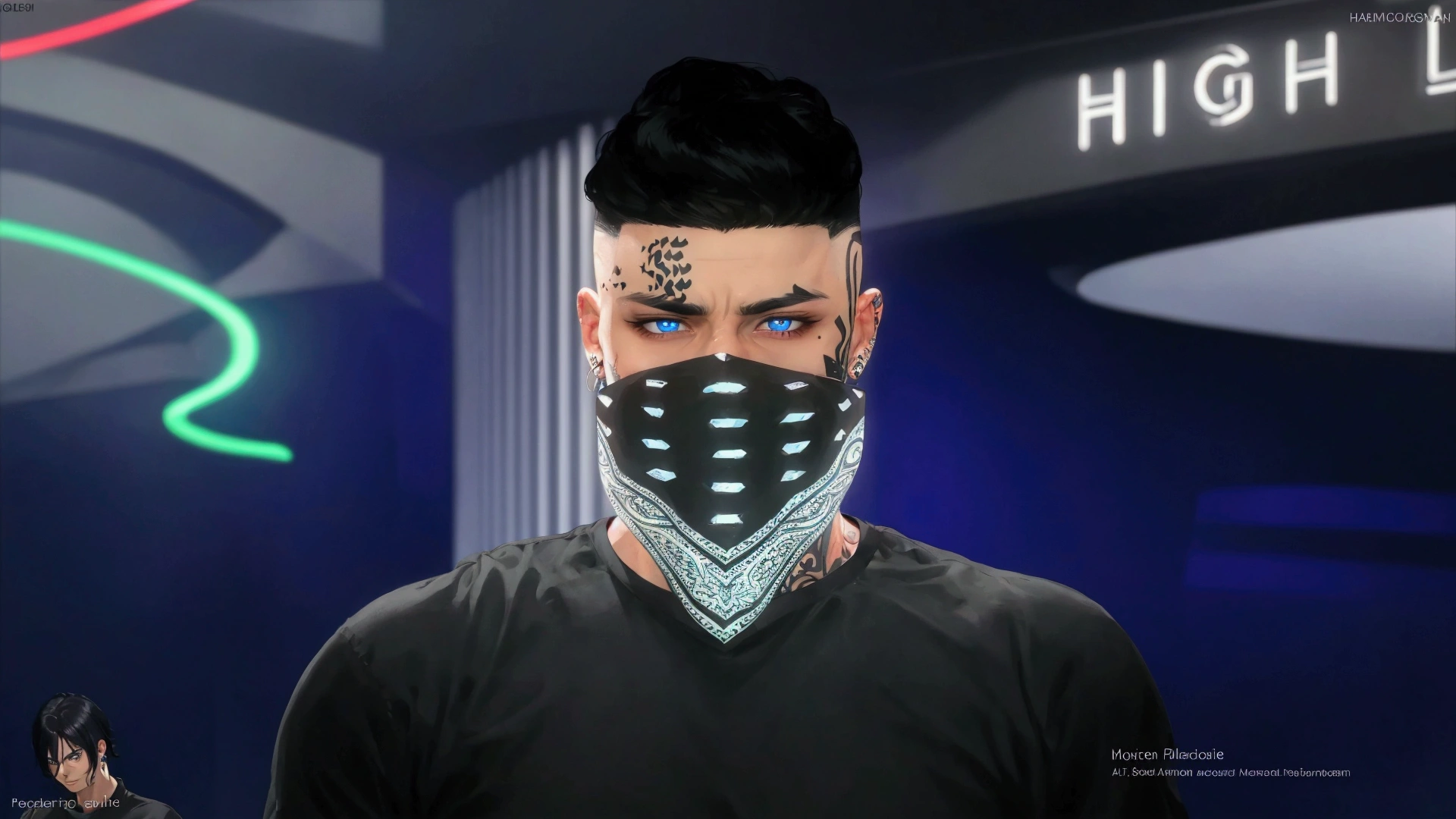 man with black shirt, face tattooed, blue eyes, black hair