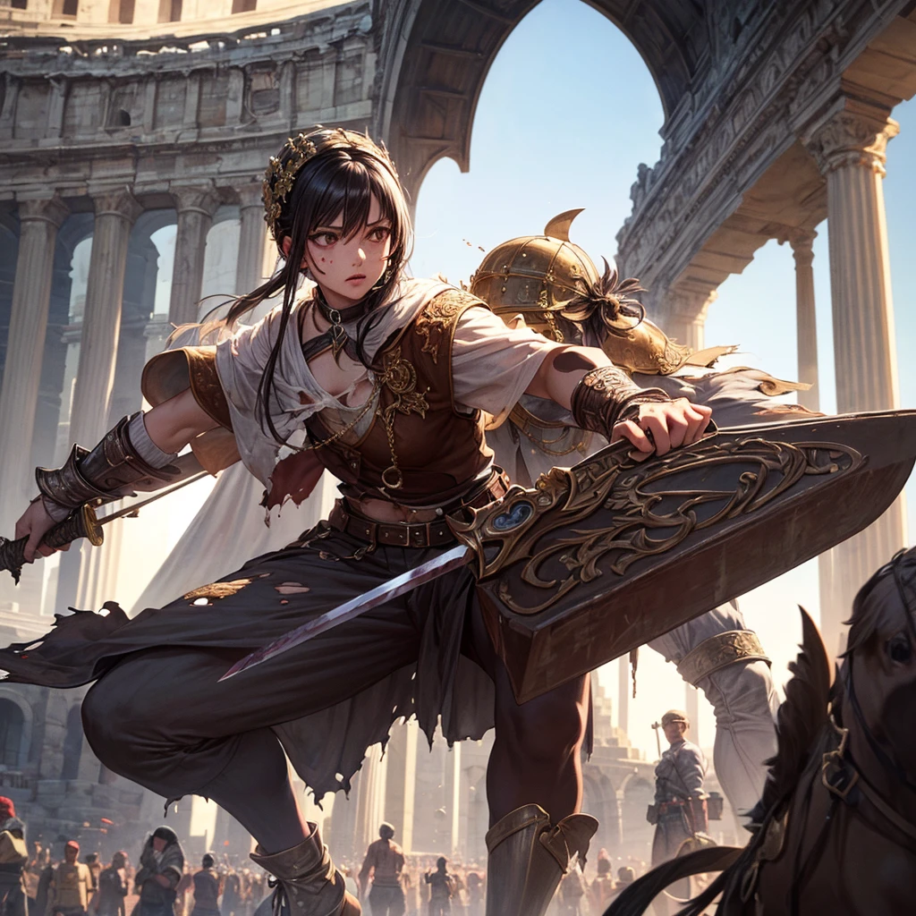 (((masterpiece))), (((best quality))), ((ultra-detailed)), (illustration), (an extremely delicate and beautiful), 1 girl, Colosseum, Sword slave, slave, (fight:1.4), Hemp clothing, blood, (torn clothes:1.1), holding giant sword,