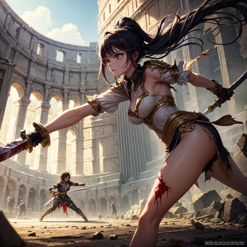(((masterpiece))), (((best quality))), ((ultra-detailed)), (illustration), (an extremely delicate and beautiful), 1 girl, Colosseum, Sword slave, slave, (fight:1.4), Hemp clothing, blood, (torn clothes:1.1), holding giant sword,