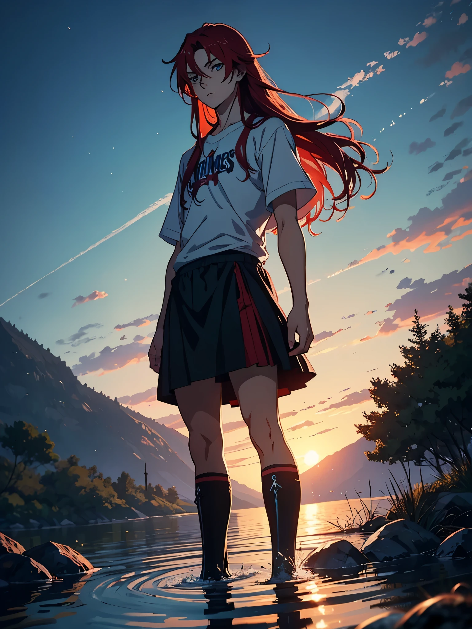 Boy in skirt. More anime style. blue flames. 2d. flatter. anime style. Viking clothing. soft. More anime. Standing in a lake. More anime. More 2d. Clean. More anime. 2d. Glow. Red hair. More anime. male. Long hair. long red hair. boy, vikings. red hair. Blue eyes. fire.