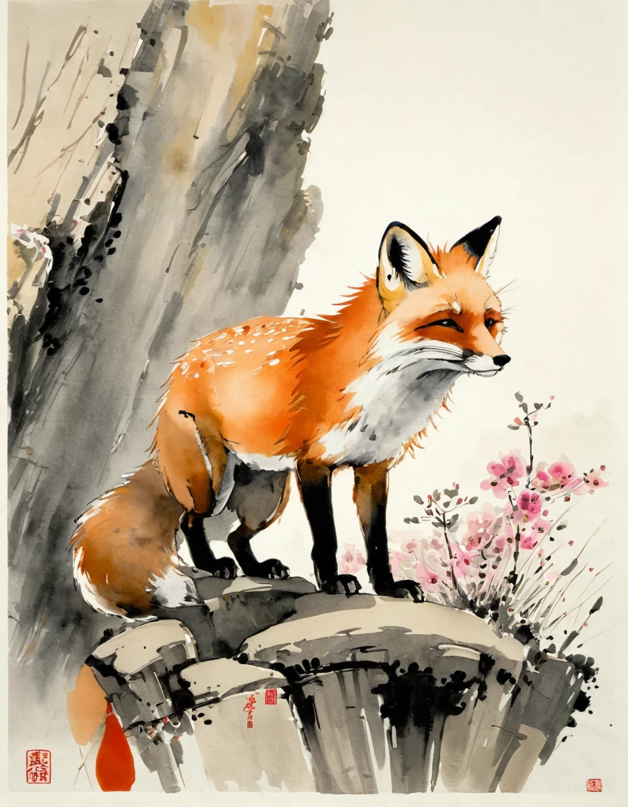by Wu Guanzhong, ink and wash, fox, (by Zootopia:0.6), (best quality, perfect masterpiece, Representative work, official art, Professional, high details, Ultra intricate detailed:1.3)
