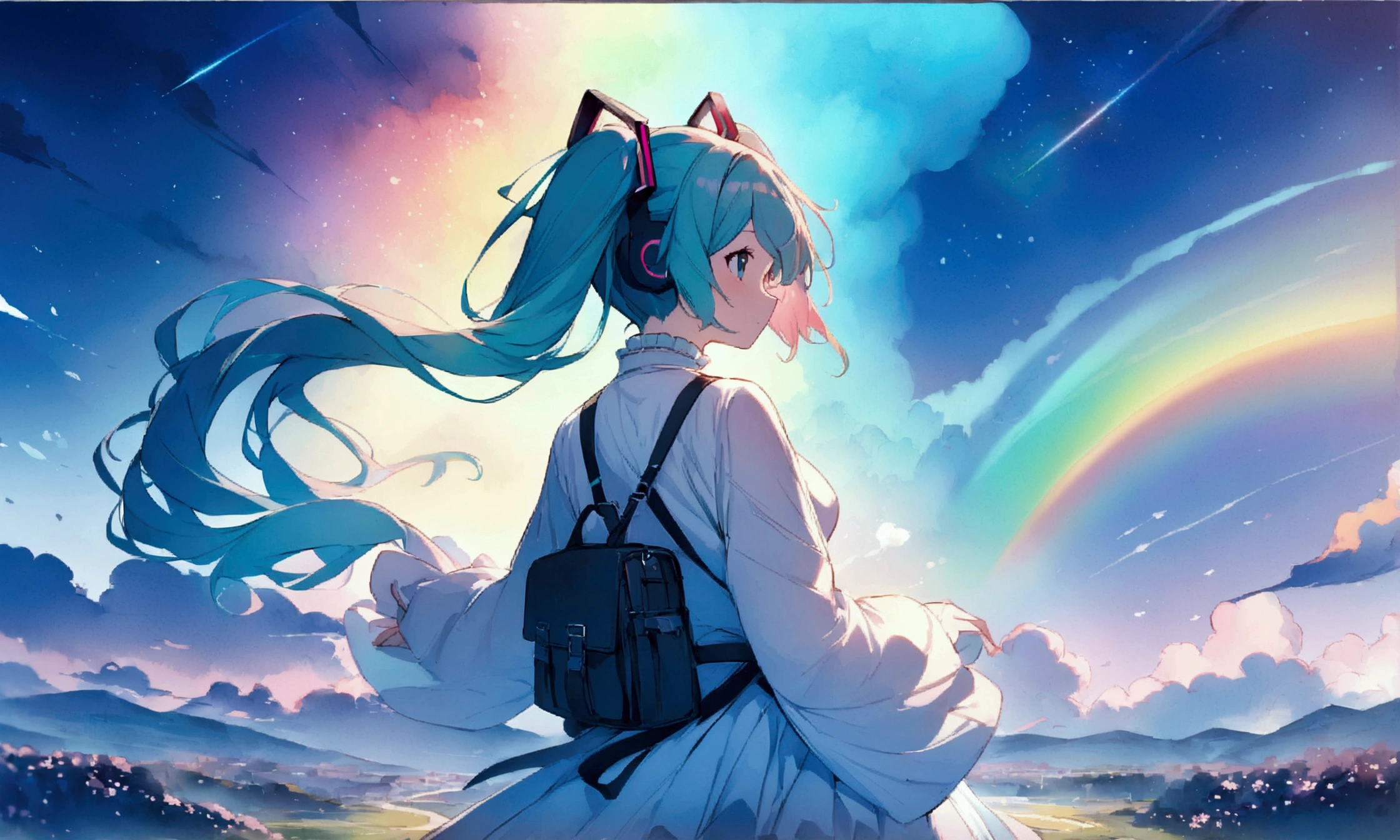 (masterpiece、Highest quality、Highest quality、Official Art、beautiful, beautiful:1.2)、(1 girl:1.3)hatsune miku、Twin tails,big,(High resolution、Very detailed、Hmph、movie、Cherry Blossom Gardenに立つ女の子、Cherry Blossom Garden、Cherry blossom petal splash art、Ultra Detailed Fields、beautiful white starry sky、Aurora、Light blue、Blanche、Sky nebula、watercolor、Pastel colored sun、rainbow、Natural scenery,Back view,