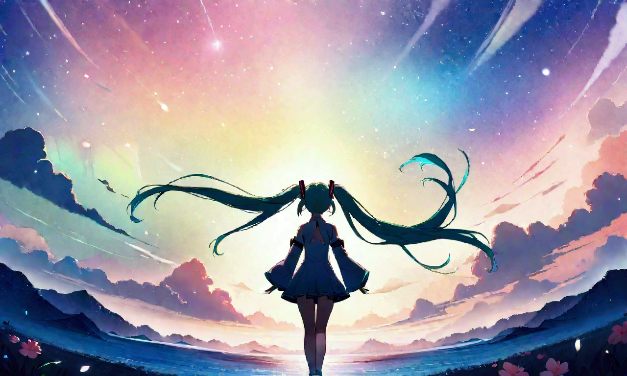 (masterpiece、Highest quality、Highest quality、Official Art、beautiful, beautiful:1.2)、(1 girl:1.3)hatsune miku、Twin tails,big,(High resolution、Very detailed、Hmph、movie、Cherry Blossom Gardenに立つ女の子、Cherry Blossom Garden、Cherry blossom petal splash art、Ultra Detailed Fields、beautiful white starry sky、Aurora、Light blue、Blanche、Sky nebula、watercolor、Pastel colored sun、rainbow、Natural scenery,Back view,