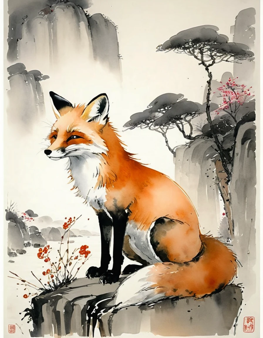 by Wu Guanzhong, ink and wash, fox, (by Zootopia:0.6), (best quality, perfect masterpiece, Representative work, official art, Professional, high details, Ultra intricate detailed:1.3)