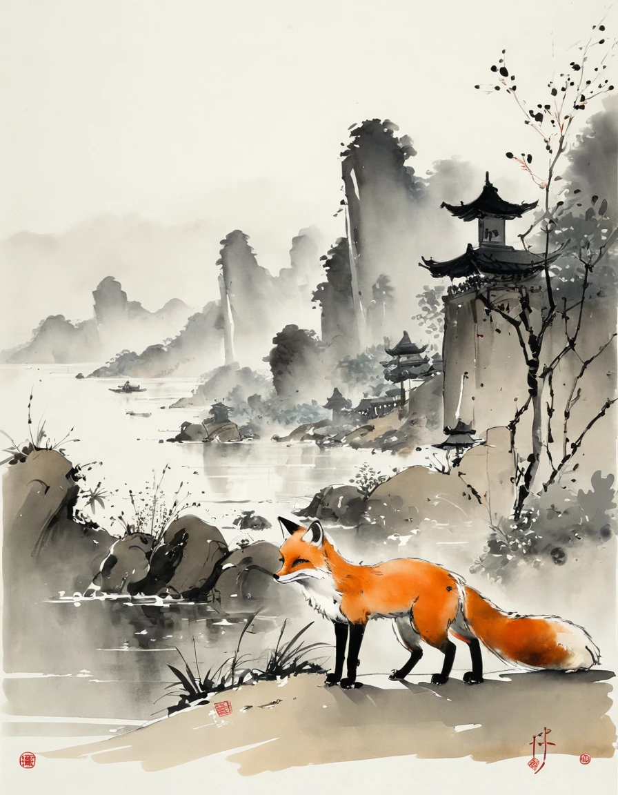 by Wu Guanzhong, ink and wash, fox, (by Zootopia:0.6), (best quality, perfect masterpiece, Representative work, official art, Professional, high details, Ultra intricate detailed:1.3)