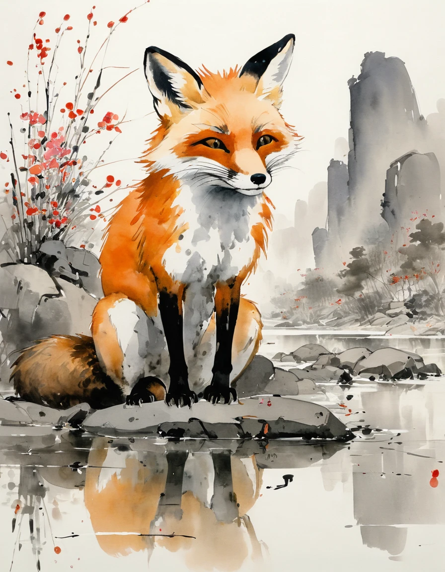 by Wu Guanzhong, ink and wash, fox, (by Zootopia:0.6), (best quality, perfect masterpiece, Representative work, official art, Professional, high details, Ultra intricate detailed:1.3)