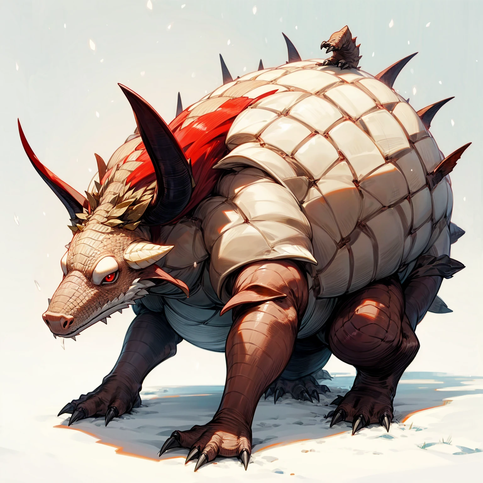 1animal, Full body version, dragon mixed with Armadillo, red eyes, has long horns, two legs, two hands, Grassroots, full background in snow, 