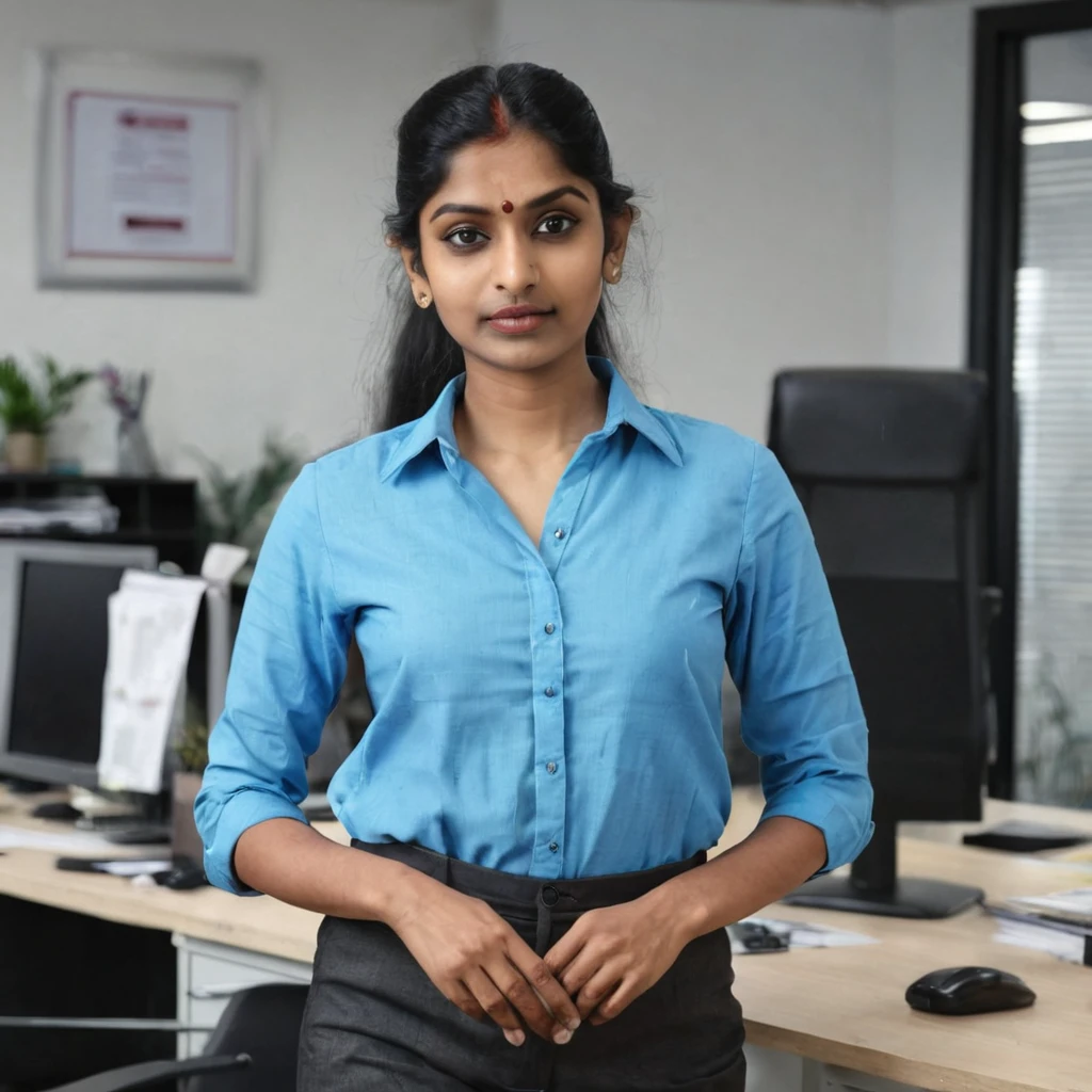 Bun hair Indian woman in blue shirt standing in office