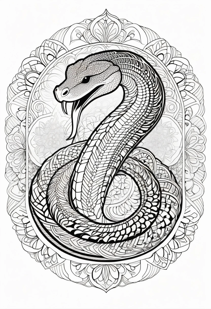 A striking black and white line art coloring page designed for adults with white background, featuring a majestic King Cobra in a mandala-inspired style. The King Cobra is adorned with intricate patterns that include floral and geometric designs, making it an engaging and detailed work of art. The illustration focuses on crisp, clean lines and bold outlines, without any shading or color, allowing the user to bring their own vibrancy to the piece. The minimalistic design, with its thick lines and absence of background details, creates a soothing coloring experience for adults seeking calming and creative activities. illustration