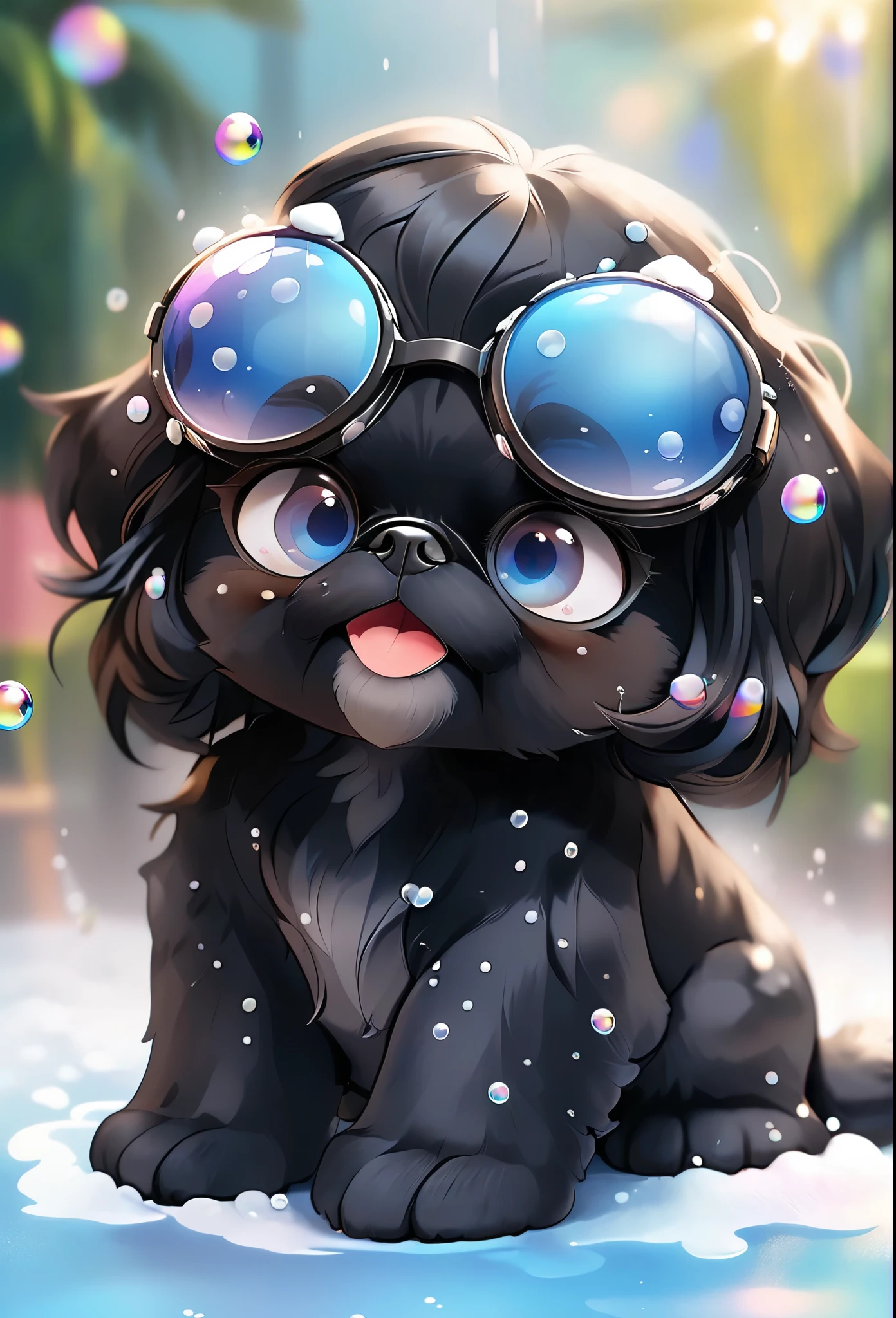 2 black Shih Tzu puppies with blue eyes, wearig goggles, covered in shampoo bubbles, happy, playful, excited, vibrant bubbles in back ground 3D Pixar style