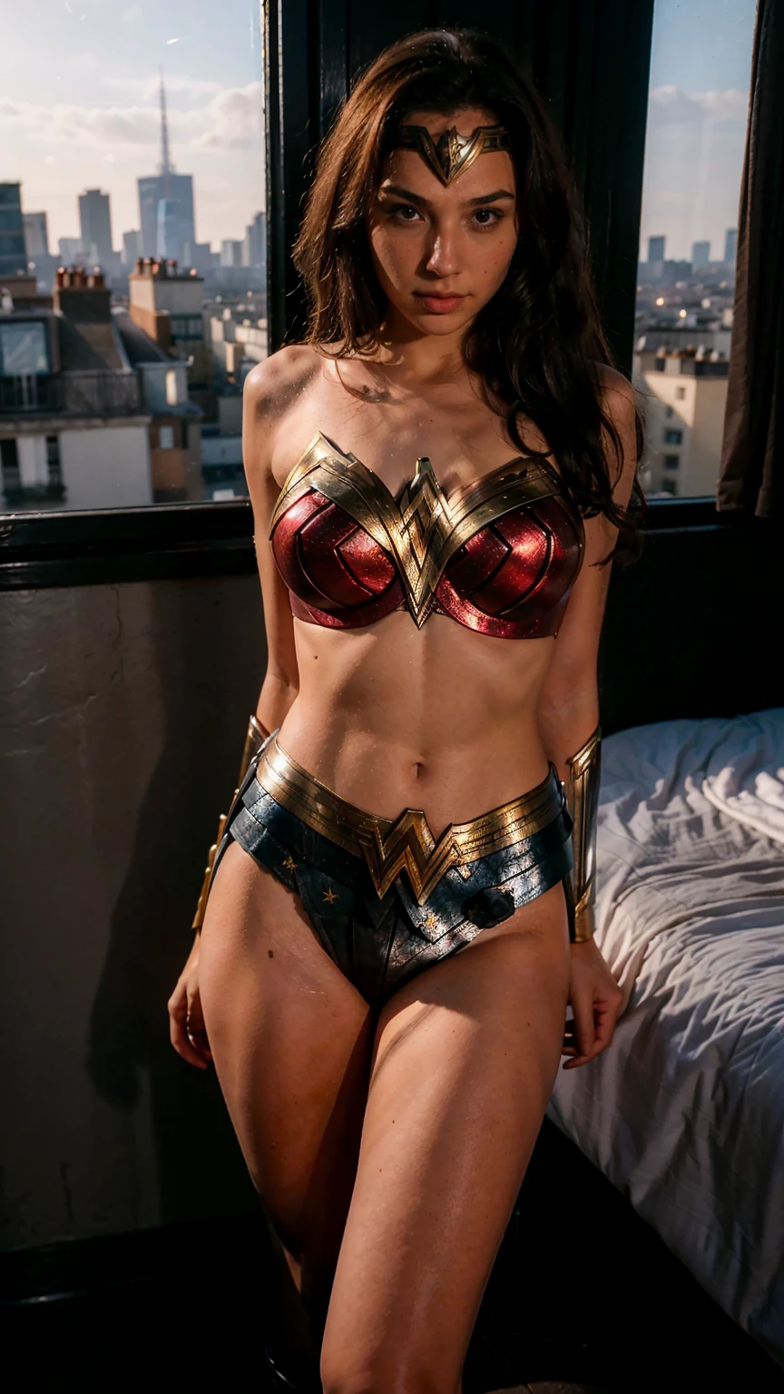 ((masterpiece), (solo character), (photorealistic:1.4), ),(best quality), (epiCRealLife), (g4lg), (wonder woman bra top), (g4lg show abs), (g4lg show cleavages), (Gal Godot in wonder woman costume), (lora:epiCFlashPhoto),(flashphoto), (flash photography) (look at viewers), (Paris Apartment bedroom, (Paris city landmark night views), (show butt)
