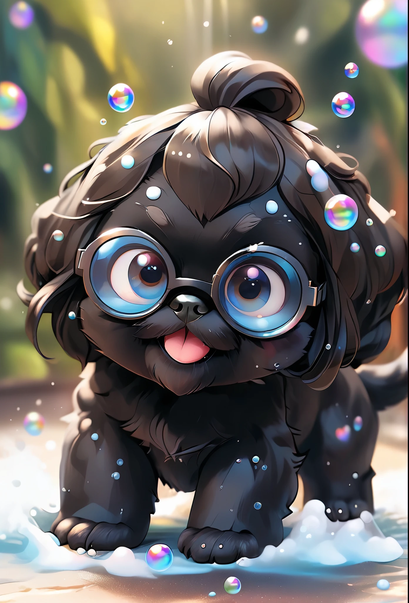 2  black Shih Tzu puppies with blue eyes, wearig goggles,  covered in shampoo bubbles, happy, playful, excited, vibrant bubbles in back ground 3D Pixar style