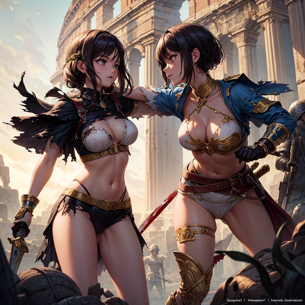 (((masterpiece))), (((best quality))), ((ultra-detailed)), (illustration), (an extremely delicate and beautiful), 1 girl, Colosseum, Sword slave, slave, (fight:1.4), Hemp clothing, blood, (torn clothes:1.1), holding giant sword,