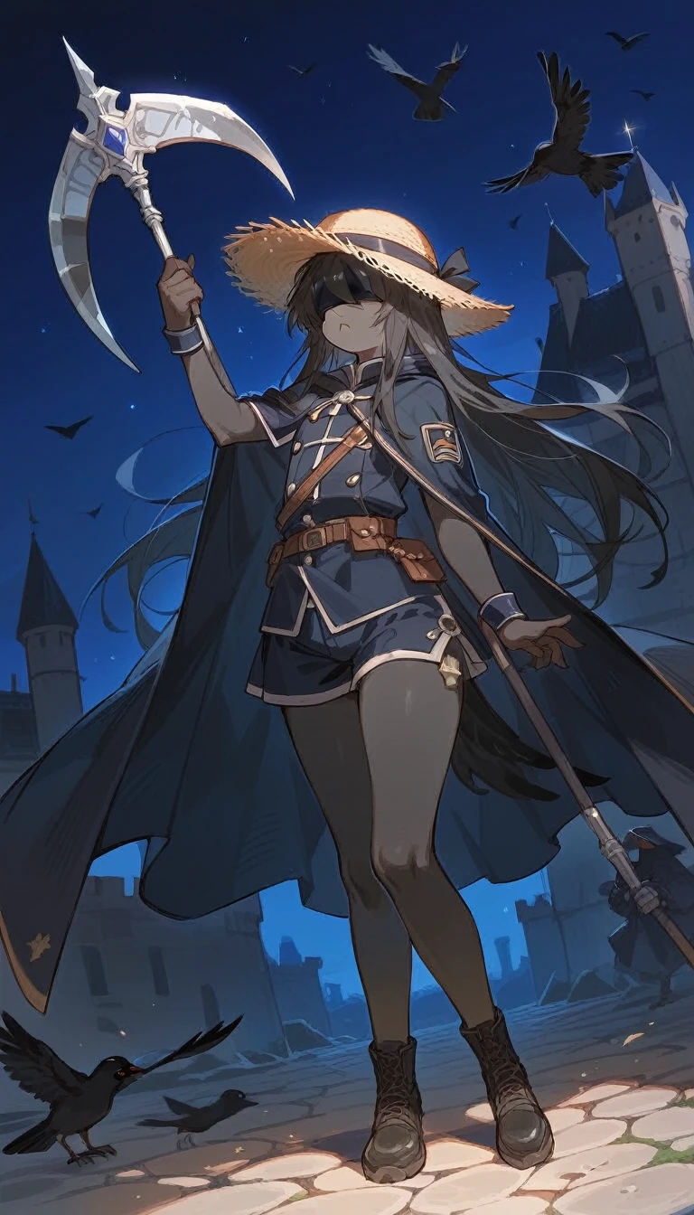 (femboy), crow, pitch black fur, big fluffy long hair, anthropomorphic crow, girly try body, bird legs, big black wizard-type straw hat, eyes covered, holding scythe, fantasy cloak straw outfit, navy cloak, nighttime, night, a broken castle in the background, Solo:1.5, solo focus, full body, behind angle, facing the castle, combat-ready pose 