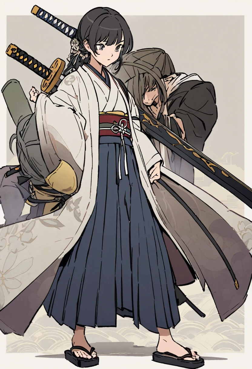 Kimono Top: Musashi wears a traditional Japanese kimono, usually in dark tones like black, navy blue or brown, reflecting his life of wandering and constant combat. The fabric is often designed with frayed details and patches, showing signs of prolonged use and battles. The kimono is usually tied simply, no adornments or extravagant accessories.
Haori: In some illustrations, he can be seen wearing a haori (a type of light jacket) about the kimono. The haori is equally simple and utilitarian, without excessive adornments, and generally in dark or neutral tones. Sometimes, there may be signs of wear or patches.
Hakama Bottom: Musashi often wears a hakama, a type of traditional Japanese baggy pants, which allows ease of movement in combat. The hakama is normally dark, matching the tone of the kimono, and may have pleats that give a solemn and dignified look. The pleats are well defined, but the garment still shows signs of constant use.
obi: O obi (range) that ties the kimono and hakama is robust and functional, Conveniently strapped to withstand constant movement and battle. Geralmente, the obi is also a dark tone, complementing the rest of the outfit.
Waraji Shoes: Musashi usa waraji, traditional straw sandals that are practical for long walks and battles. The sandals are worn out, reflecting your wandering life. Straw straps are tied tightly around the ankles.
Katana and Wakizashi accessories: Musashi carries two swords with him: a katana (Longsword) e uma wakizashi (short sword), samurai warrior symbol. Swords are kept in their scabbards, trapped in the obi in a practical way, allowing easy access during combat.
Hems and Tsuba: Sword sheaths are simple, no extravagant ornamentation, made for functionality. The guards (smoke) of swords can have subtle details, but are designed primarily for