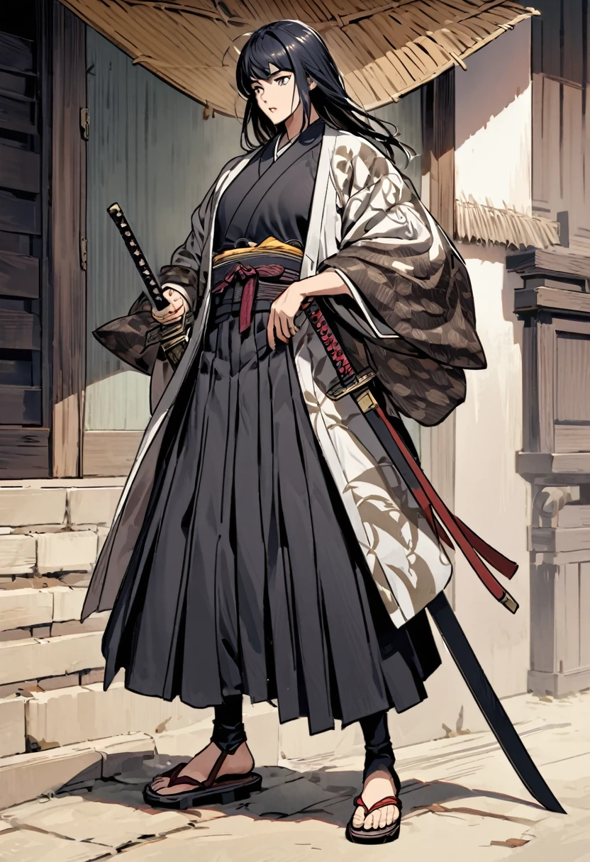 Kimono Top: Musashi wears a traditional Japanese kimono, usually in dark tones like black, navy blue or brown, reflecting his life of wandering and constant combat. The fabric is often designed with frayed details and patches, showing signs of prolonged use and battles. The kimono is usually tied simply, no adornments or extravagant accessories.

Haori: In some illustrations, he can be seen wearing a haori (a type of light jacket) about the kimono. The haori is equally simple and utilitarian, without excessive adornments, and generally in dark or neutral tones. Sometimes, there may be signs of wear or patches.

Hakama Bottom: Musashi often wears a hakama, a type of traditional Japanese baggy pants, which allows ease of movement in combat. The hakama is normally dark, matching the tone of the kimono, and may have pleats that give a solemn and dignified look. The pleats are well defined, but the garment still shows signs of constant use.

obi: O obi (range) that ties the kimono and hakama is robust and functional, Conveniently strapped to withstand constant movement and battle. Geralmente, the obi is also a dark tone, complementing the rest of the outfit.

Waraji Shoes: Musashi usa waraji, traditional straw sandals that are practical for long walks and battles. The sandals are worn out, reflecting your wandering life. Straw straps are tied tightly around the ankles.
Katana and Wakizashi accessories: Musashi carries two swords with him: a katana (Longsword) e uma wakizashi (short sword), samurai warrior symbol. Swords are kept in their scabbards, trapped in the obi in a practical way, allowing easy access during combat.

Hems and Tsuba: Sword sheaths are simple, no extravagant ornamentation, made for functionality. The guards (smoke) of swords can have subtle details, but are designed primarily for