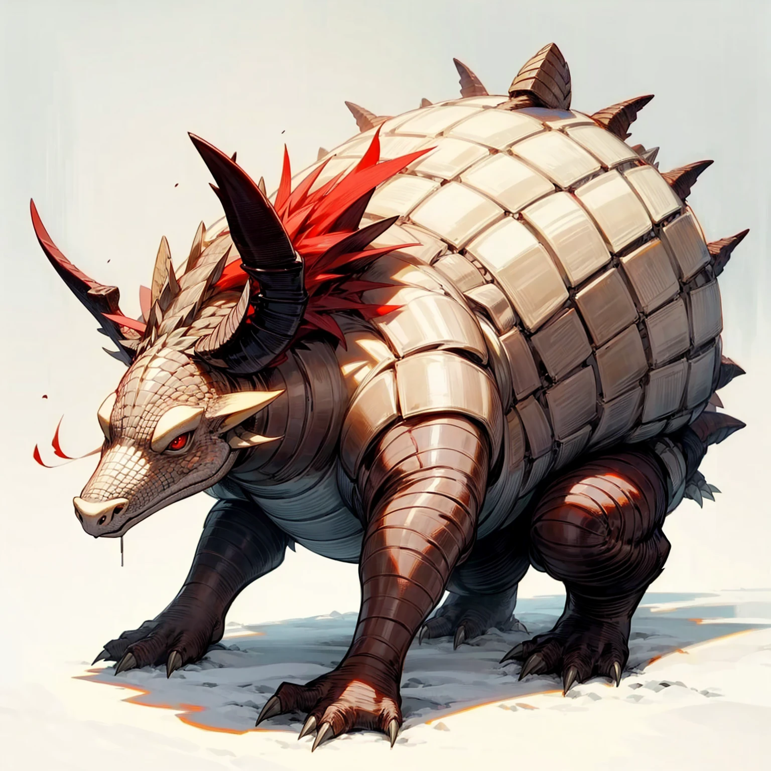 1animal, Full body version, dragon mixed with Armadillo, red eyes, has long horns, two legs, two hands, Grassroots, full background in snow, 