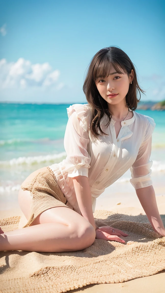 (((8k、Highest quality、masterpiece、Ultra-high resolution)))、(Realistic:1.4)、RAW Photos、(Realistic skin texture:1.3)、(Film Grain:1.3)、((One Girl、Beautiful and detailed eyes, Face and skin texture、naked足))、Cute Japanese Woman、Beach、A strong wind is blowing、Her hair and skirt are flying、(((On all fours, Crawl)))、Pleated skirt、((naked:1.35))、splash、Sandy Beach、Light of the sun、clear blue sea、The waves crash quietly、Blue sky and white clouds、Beautiful Nature、(((Open blouse:1.33)))、((No underwear、Raise one leg))、