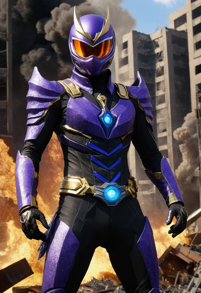 (kamen rider, (standing), kamen, purple, gold, and black body tech suit, blue neck scarf, body detailed, detailed hands, good fingers, good hands, good legs, low hood, ((epic burning city)), ruins, floating, explosion, debris, some fire and glitter background, ultra hd, ultra realistic texture, (flare lens:1.2), (long shot:0.9), (blue armor:1.5), rider belt, neonninja style