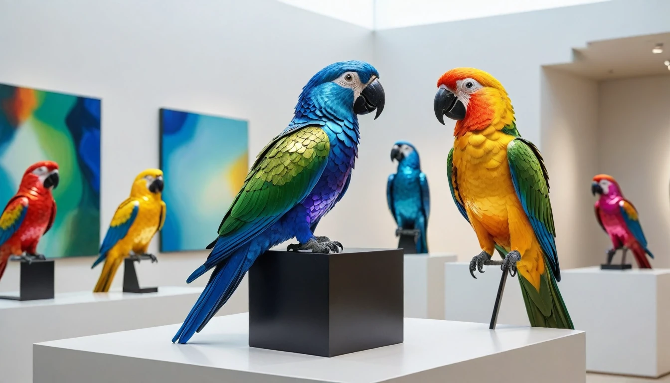 Colorful parrots perched on abstract sculptures in a modern art museum. Shot on film in a photorealistic style, capturing the vivid plumage against sleek, contemporary exhibits. The sculptures are an eclectic mix of geometric shapes and fluid forms, rendered in metallic and glass finishes. The background features a spacious gallery with minimalist white walls and strategic lighting that casts dramatic shadows. The parrots’ feathers shimmer with iridescent hues, creating a striking contrast against the polished surfaces of the sculptures. The scene is vibrant and dynamic, with an artistic harmony between nature and modern art.