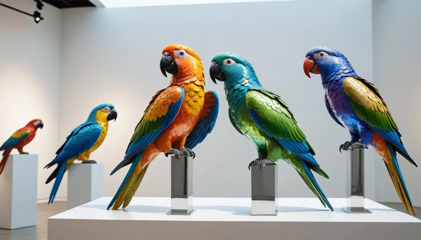 Colorful parrots perched on abstract sculptures in a modern art museum. Shot on film in a photorealistic style, capturing the vivid plumage against sleek, contemporary exhibits. The sculptures are an eclectic mix of geometric shapes and fluid forms, rendered in metallic and glass finishes. The background features a spacious gallery with minimalist white walls and strategic lighting that casts dramatic shadows. The parrots’ feathers shimmer with iridescent hues, creating a striking contrast against the polished surfaces of the sculptures. The scene is vibrant and dynamic, with an artistic harmony between nature and modern art.