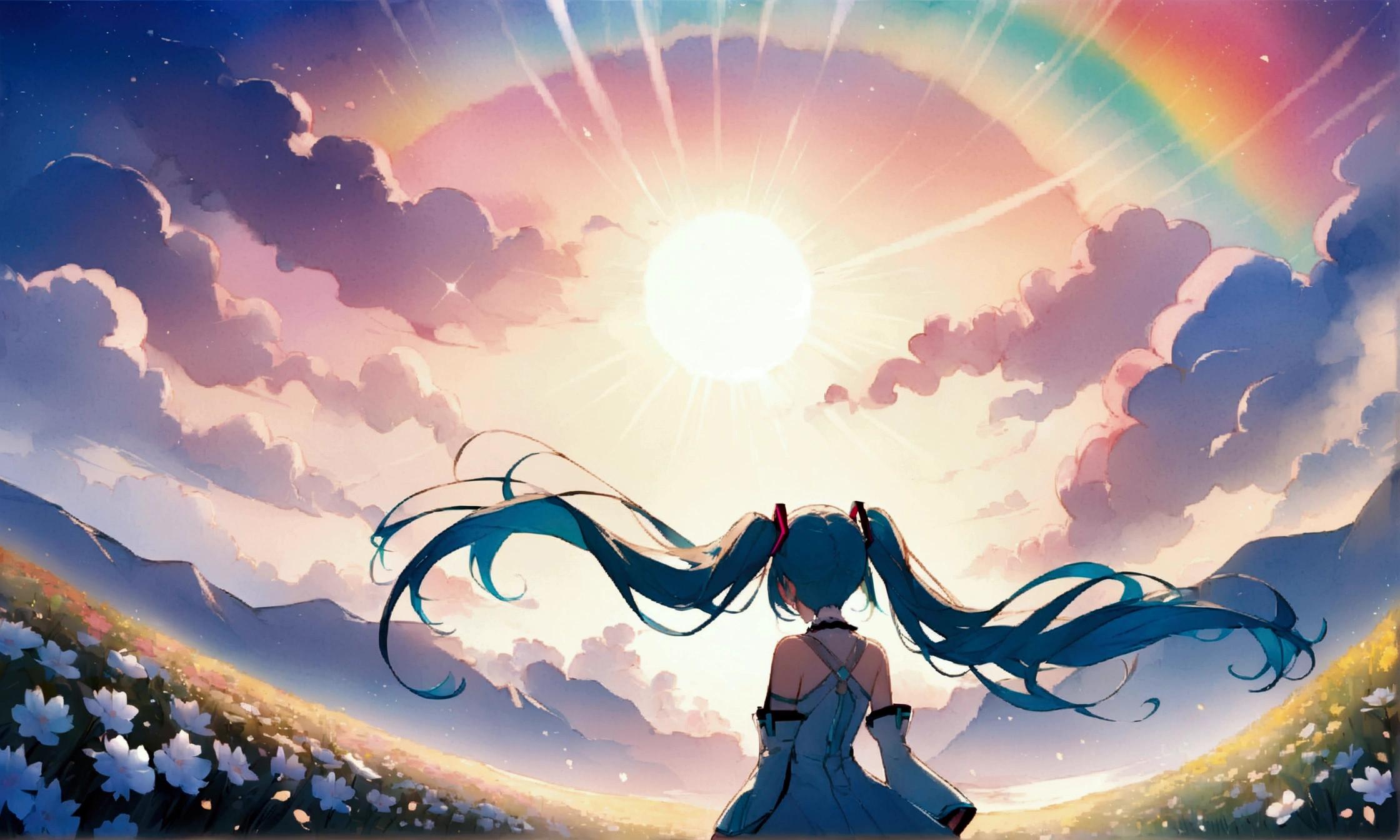 (masterpiece、Highest quality、Highest quality、Official Art、beautiful, beautiful:1.2)、(1 girl:1.3)hatsune miku、Twin tails,big,(High resolution、Very detailed、Hmph、movie、Cherry Blossom Gardenに立つ女の子、Cherry Blossom Garden、Cherry blossom petal splash art、Ultra Detailed Fields、beautiful white starry sky、Aurora、Light blue、Blanche、Sky nebula、watercolor、Pastel colored sun、rainbow、Natural scenery,Back view,