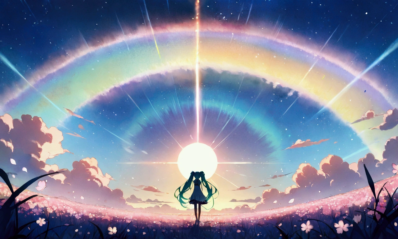 (masterpiece、Highest quality、Highest quality、Official Art、beautiful, beautiful:1.2)、(1 girl:1.3)hatsune miku、Twin tails,big,(High resolution、Very detailed、Hmph、movie、Cherry Blossom Gardenに立つ女の子、Cherry Blossom Garden、Cherry blossom petal splash art、Ultra Detailed Fields、beautiful white starry sky、Aurora、Light blue、Blanche、Sky nebula、watercolor、Pastel colored sun、rainbow、Natural scenery,Back view,