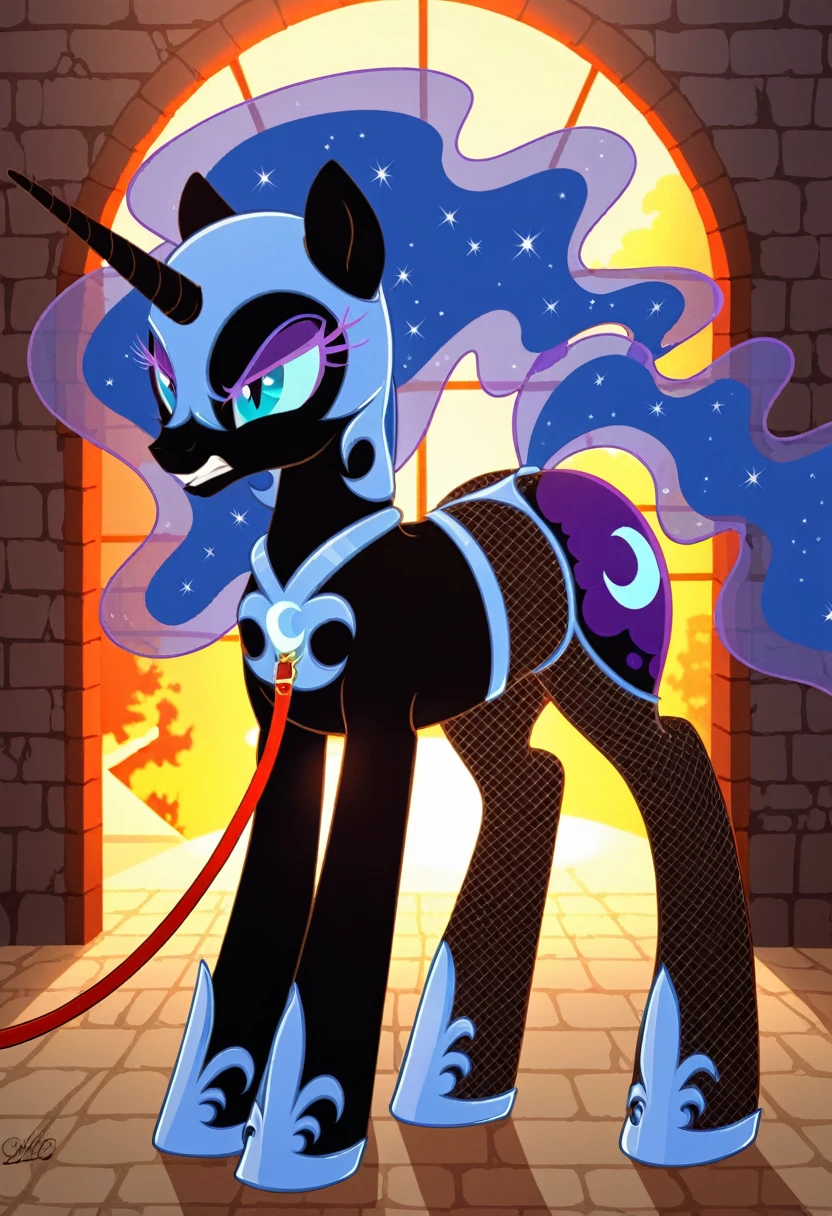 Pony  angry  nightmare moon in   in fishnet tights  b locked in a dungeon walks on a leash
