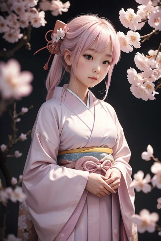 Exaggerated, Highly detailed, and 16K high resolution images of , Beautiful female ghost or guardian spirit. She has light pink hair and translucent skin., and dress in a traditional Japanese kimono with a small cherry blossom pattern on the obi.. This image captures the pure beauty and mystery of the spirit world.. The style is inspired by subtlety., The gentle aesthetics found in traditional Japanese art..