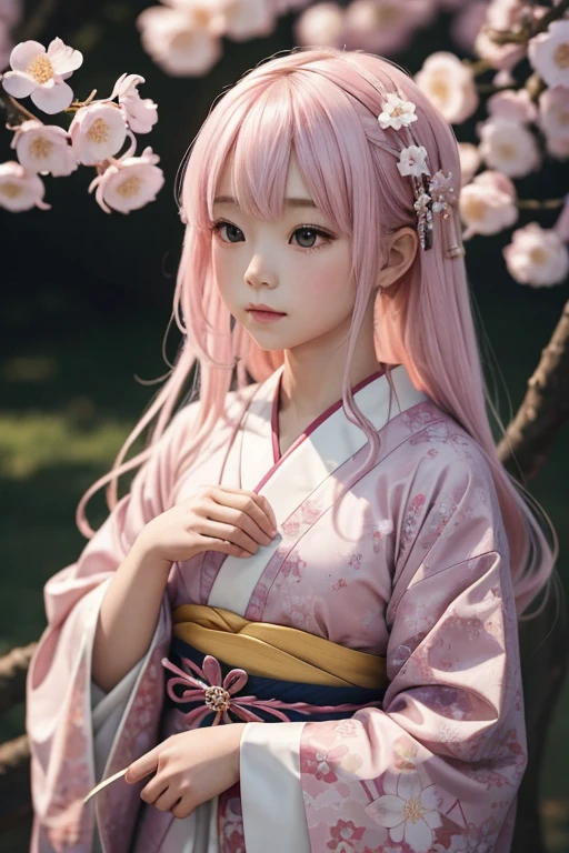 Exaggerated, Highly detailed, and 16K high resolution images of little children, Beautiful female ghost or guardian spirit. She has light pink hair and translucent skin., and dress in a traditional Japanese kimono with a small cherry blossom pattern on the obi.. This image captures the pure beauty and mystery of the spirit world.. The style is inspired by subtlety., The gentle aesthetics found in traditional Japanese art..