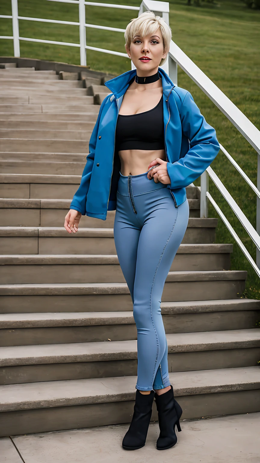 ((Full body photo, standing, feet on the floor)) masterpiece, best quality, highres, 1girl, cammy white, short hair, antenna hair, blue eyes, scar on cheek, large breasts, black choker, collarbone, blue jacket, cropped jacket, open jacket, sports bra, midriff, fingerless gloves, black gloves, black pants, standing, cowboy shot, stair, outdoors, showing big buttocks, thick thighs, curvy hips