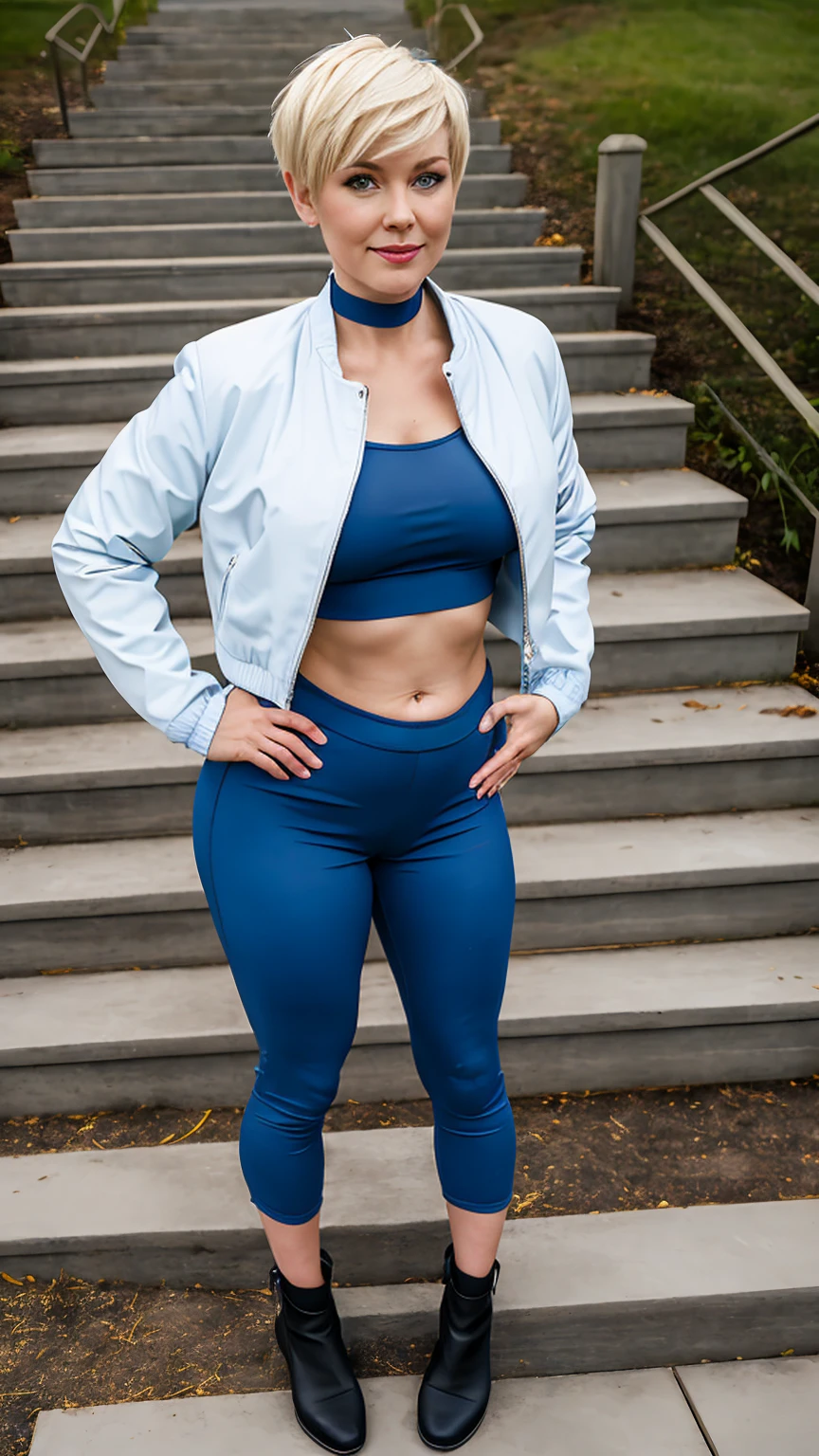 ((Full body photo, standing, feet on the floor)) masterpiece, best quality, highres, 1girl, cammy white, short hair, antenna hair, blue eyes, scar on cheek, large breasts, black choker, collarbone, blue jacket, cropped jacket, open jacket, sports bra, midriff, fingerless gloves, black gloves, black pants, standing, cowboy shot, stair, outdoors, showing big buttocks, thick thighs, curvy hips