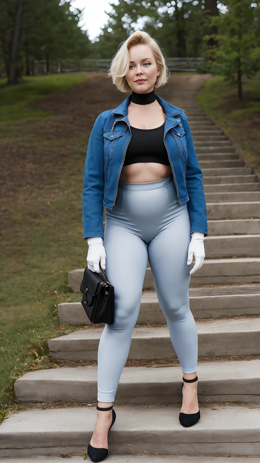 ((Full body photo, standing, feet on the floor)) masterpiece, best quality, highres, 1girl, cammy white, short hair, antenna hair, blue eyes, scar on cheek, large , black choker, collarbone, blue jacket, cropped jacket, open jacket, sports bra, midriff, fingerless gloves, black gloves, black pants, standing, cowboy shot, stair, outdoors, showing big buttock thighs, curvy hips