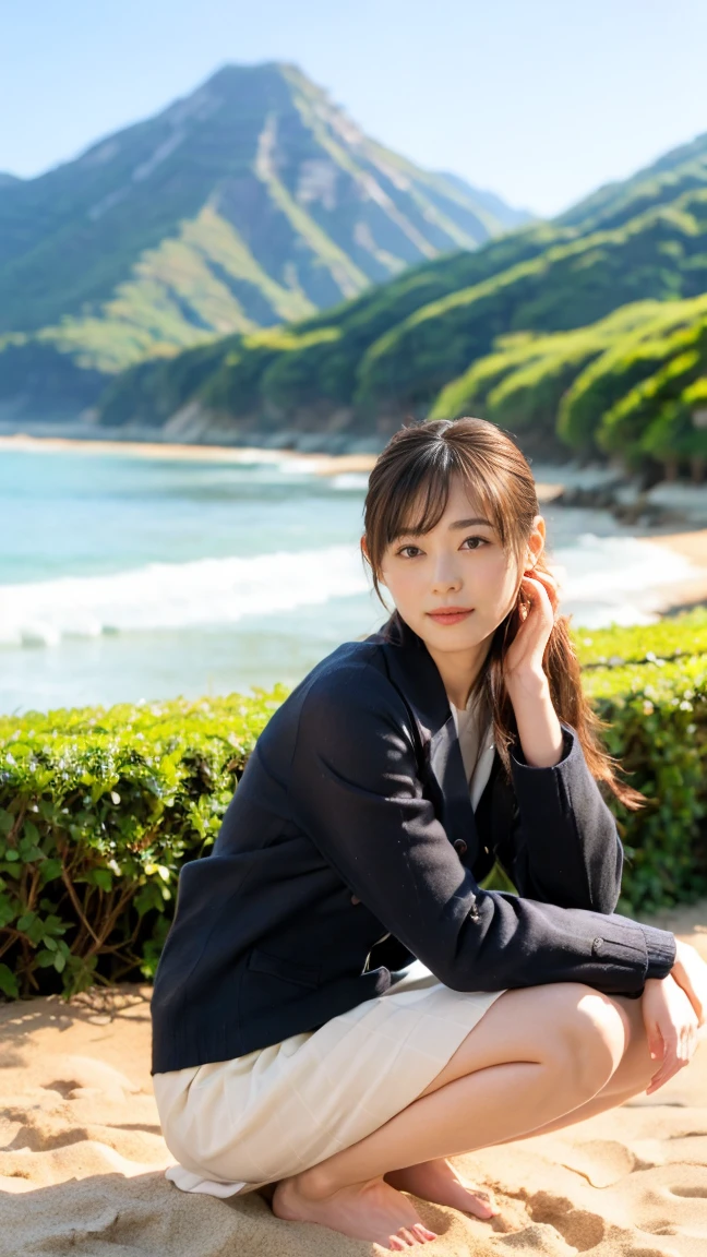 (((Top-down configuration:1.33)))、((No underwear:1.55))、One Girl、Beautiful and detailed eyes and face、barefoot、20 year old cute Japan woman, ((Extremely precise and accurate anatomy:1.0)), (photo Realistic:1.4), (hyper Realistic:1.4), (最高品質のRealisticな肌の質感:1.4), (Improvement of quality:1.4), (Enhances the beauty of skin texture:1.1), Clean and glowing skin, mesh, thin:1.2, (Realistic:1.3), Realisticなライティング, (Smoother lighting:1.05), (Improving the quality of cinema lighting:0.9), Backlight, A gentle light on your face, Ray Tracing, (Bright light:1.2), 32K, One Japanese woman, fine grain, Detailed face, (Film Grain:1.1),(Accentuates body lines:1.1), High resolution, Natural look, Kind eyes, Improves hair quality, Delicate light and shadow, Transparent muscles, Graceful pose, Beautiful Eyes, Sharp details, Soft light reflection, Beautiful contours, Delicate skin tone, Fine hair texture, Natural background, (((sunny day、Beach、A strong wind is blowing、Her hair and skirt are flying、Squat, Traditional navy blue sailor uniform、Open shirt、Pleated skirt、Scooping seawater with hands:1.25、splash、Sandy Beach、Light of the sun、clear blue sea、The waves crash quietly、Blue sky and white clouds、Green Mountain々、Beautiful Nature、The joys of youth)))、