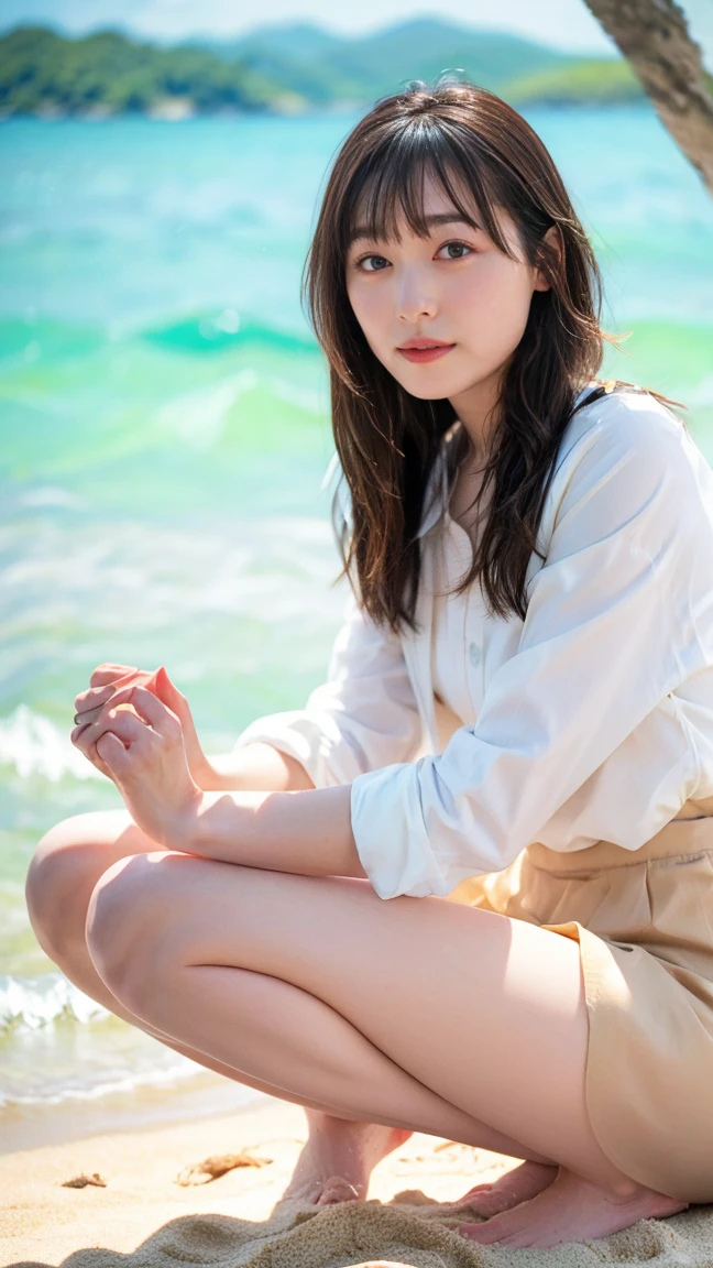 (((Top-down configuration:1.33)))、((No underwear:1.55))、One Girl、Beautiful and detailed eyes and face、barefoot、20 year old cute Japan woman, ((Extremely precise and accurate anatomy:1.0)), (photo Realistic:1.4), (hyper Realistic:1.4), (最高品質のRealisticな肌の質感:1.4), (Improvement of quality:1.4), (Enhances the beauty of skin texture:1.1), Clean and glowing skin, mesh, thin:1.2, (Realistic:1.3), Realisticなライティング, (Smoother lighting:1.05), (Improving the quality of cinema lighting:0.9), Backlight, A gentle light on your face, Ray Tracing, (Bright light:1.2), 32K, One Japanese woman, fine grain, Detailed face, (Film Grain:1.1),(Accentuates body lines:1.1), High resolution, Natural look, Kind eyes, Improves hair quality, Delicate light and shadow, Transparent muscles, Graceful pose, Beautiful Eyes, Sharp details, Soft light reflection, Beautiful contours, Delicate skin tone, Fine hair texture, Natural background, (((sunny day、Beach、A strong wind is blowing、Her hair and skirt are flying、Squat, Traditional navy blue sailor uniform、Open shirt、Pleated skirt、Scooping seawater with hands:1.25、splash、Sandy Beach、Light of the sun、clear blue sea、The waves crash quietly、Blue sky and white clouds、Green Mountain々、Beautiful Nature、The joys of youth)))、