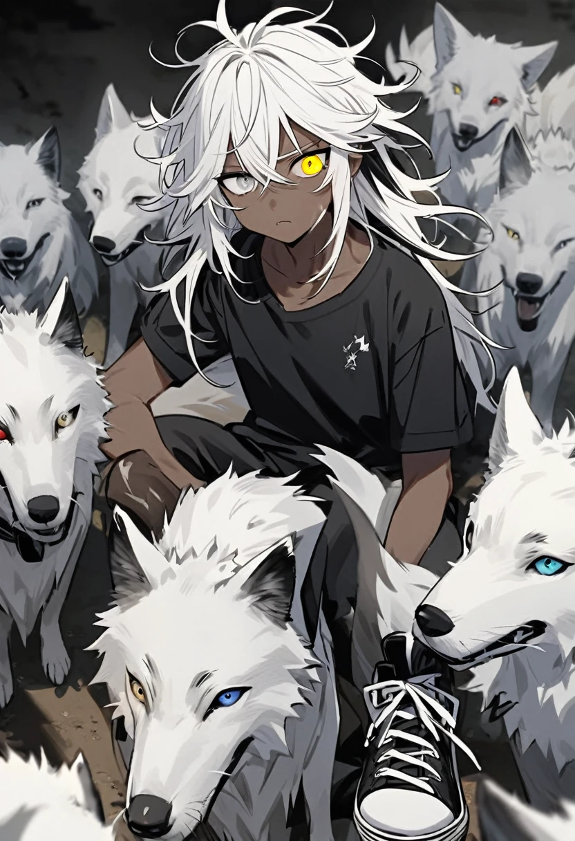 It has a black shirt with silver details, a black hunt, and black and white sneakers ,yellow and black eyes heterochromia, idiotic expression, Messy hair , Medium length hair , 1 Men , black and white hair more black than white , two tone hair , dark skin color has, with a white wolf
