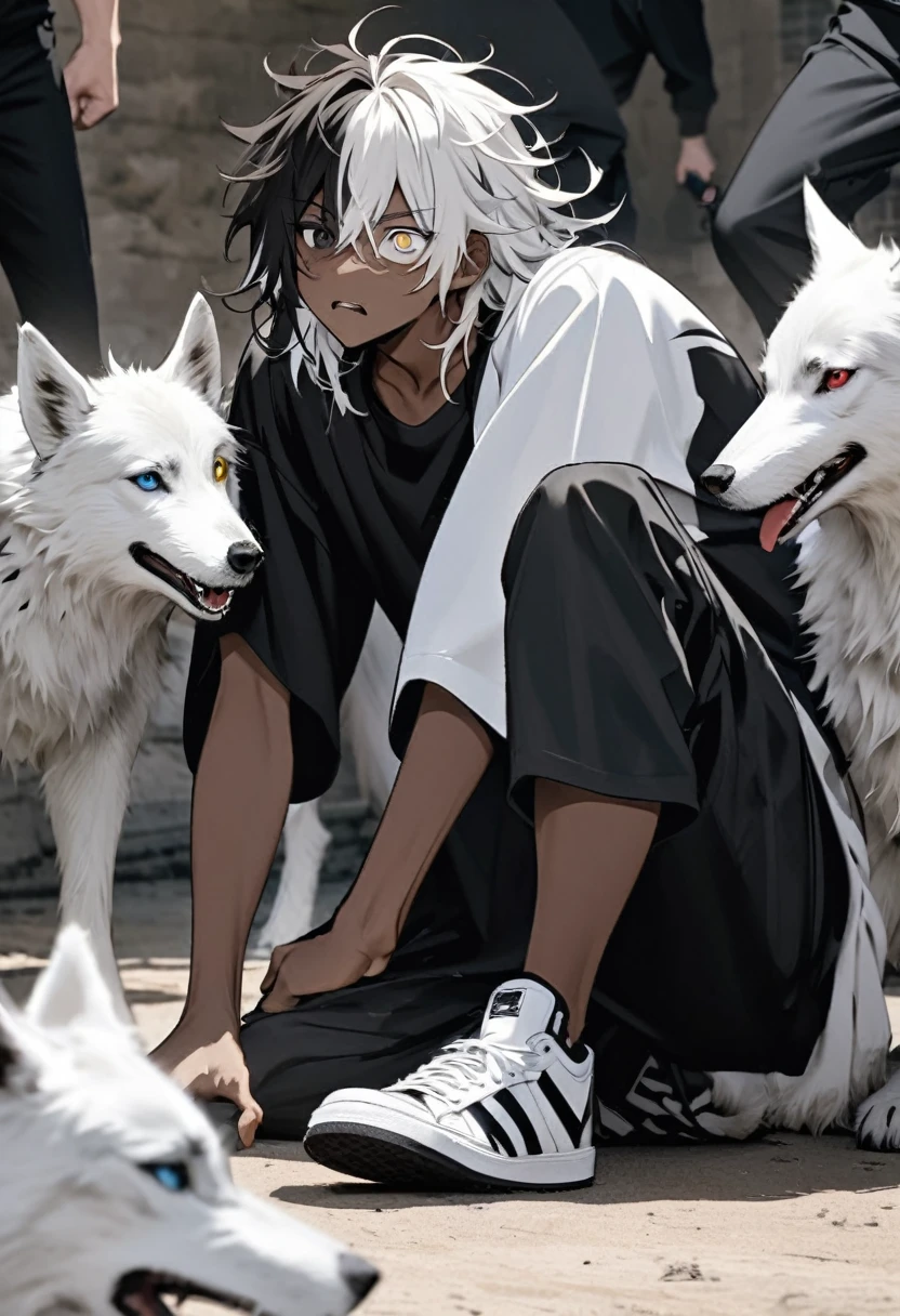 It has a black shirt with silver details, a black hunt, and black and white sneakers ,yellow and black eyes heterochromia, idiotic expression, Messy hair , Medium length hair , 1 Men , black and white hair more black than white , two tone hair , dark skin color has, with a white wolf
