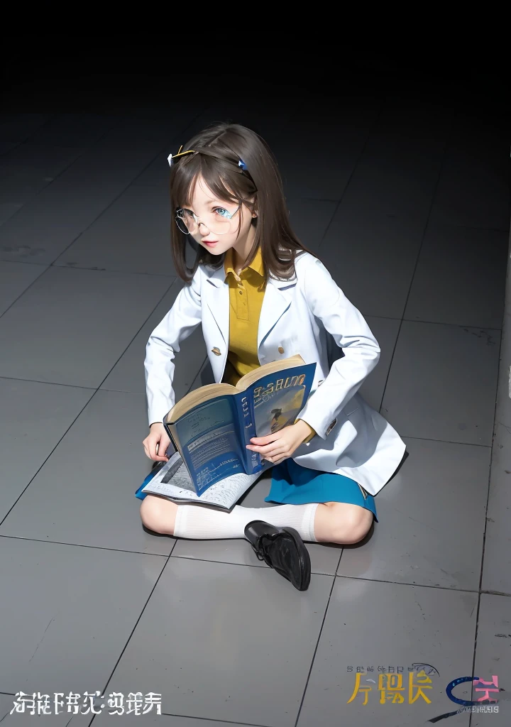 Girl, dark hair, shoulder length hair, blue eyes, white flower hairpin, white lab coat, yellow shirt, blue skirt, black shoes, white socks, dark blue calculus book, writing, looking at the book, holding pen, studying on the floor, half dark room